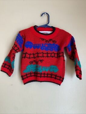 Vintage 1980’s Barrel Kids Knit Sweater Train Tracks Red Child Sz 24 Months USA